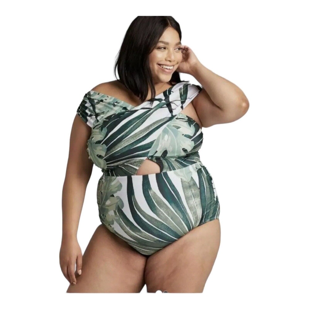 Swim By Cacique Plus Sz 16 Green off the shoulder one Piece swimsuit Wrap over